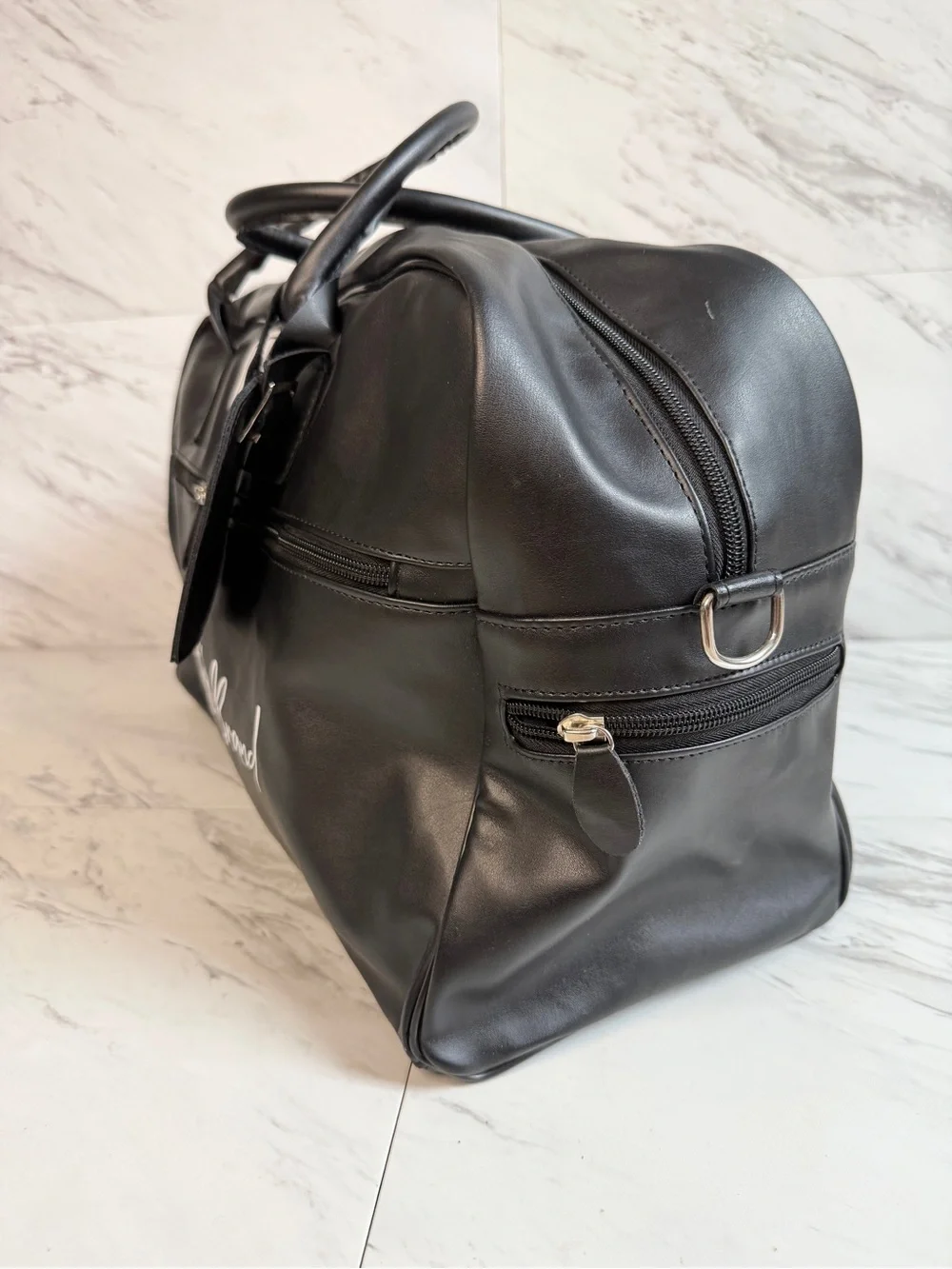 The Huddle Brand Black Leather Duffel Bag Weekender Travel Carry On Gym